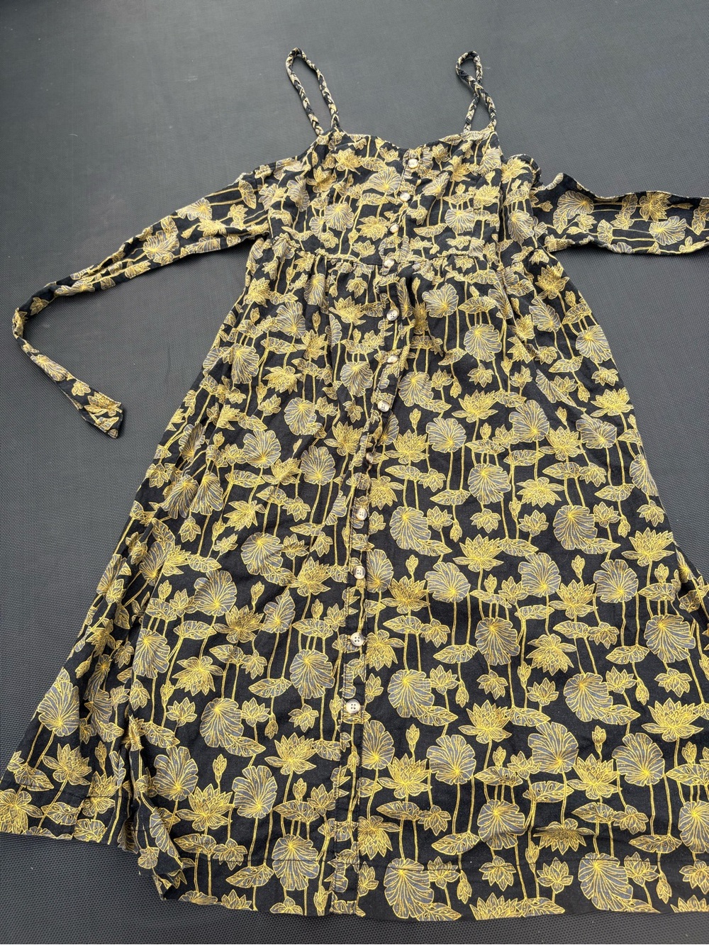 dip Black Dress with Gold Floral Print and Braided Straps